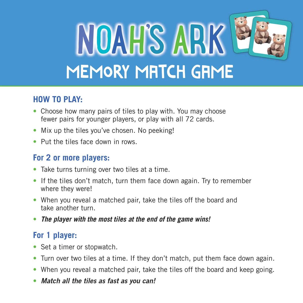Card Game Memory Match  Noah"s Ark 72pc 348449
