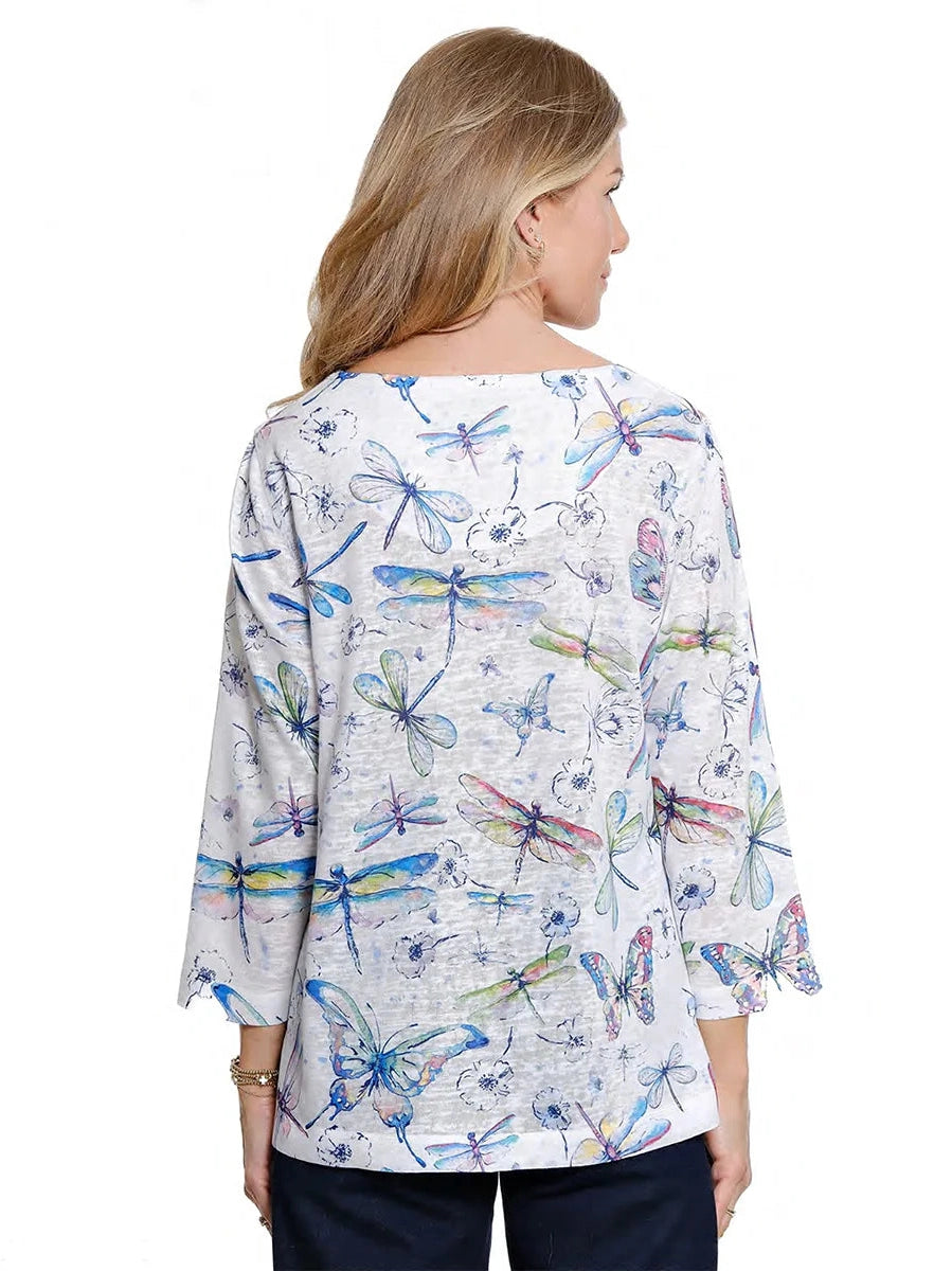 Women's Top Pullover  White Dragon Flies 1 Pocket  3/4 Sleeve A26413tm
