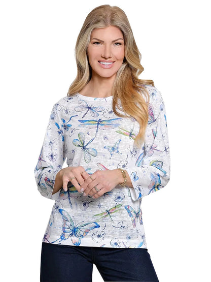 Women's Top Pullover  White Dragon Flies 1 Pocket  3/4 Sleeve A26413tm