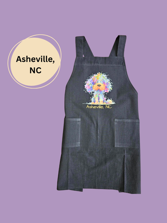 Child's Apron Black Cotton Cross Back Dog Multi Color Asheville Logo