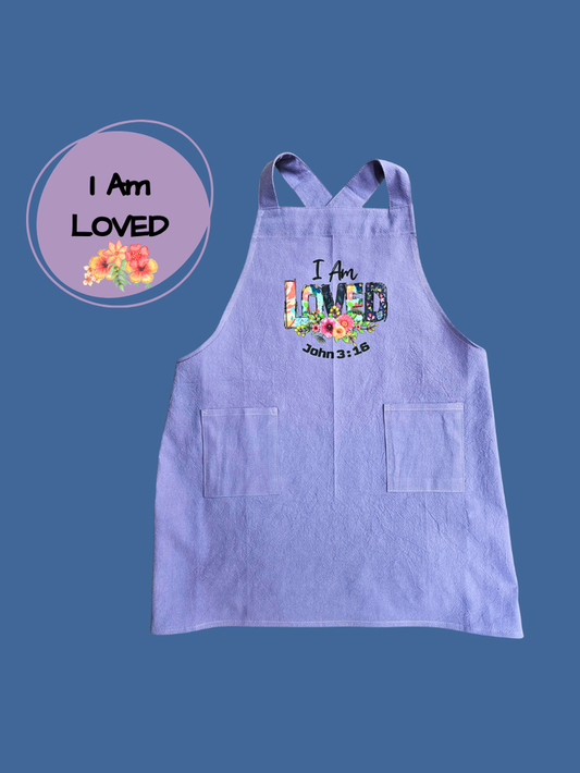 Child's Apron Purple Cotton Cross Back I Am Loved John 3:16