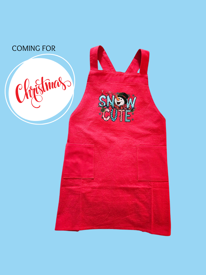 Child's Apron Red Cotton Cross back Snow Cute Snowman