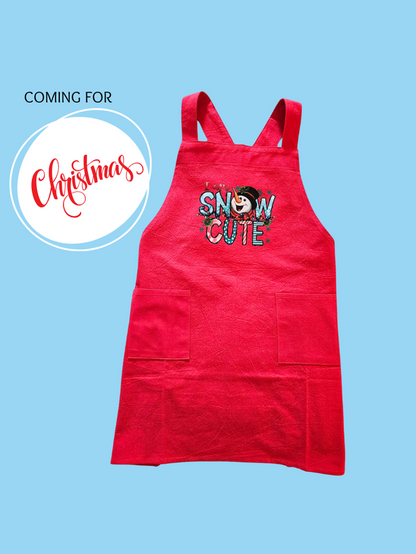 Child's Apron Red Cotton Cross back Snow Cute Snowman