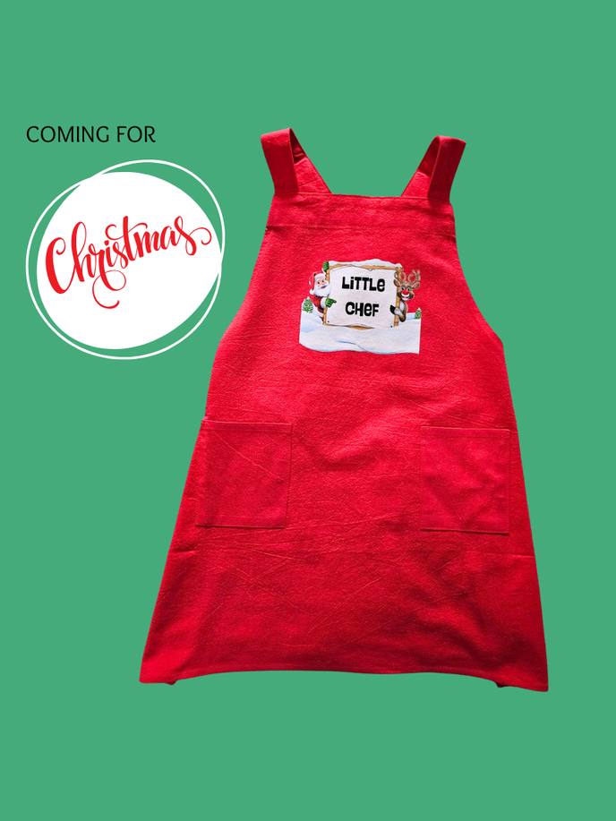 Child's Apron Red Cotton Cross back Santa & Deer Little Chef Christmas
