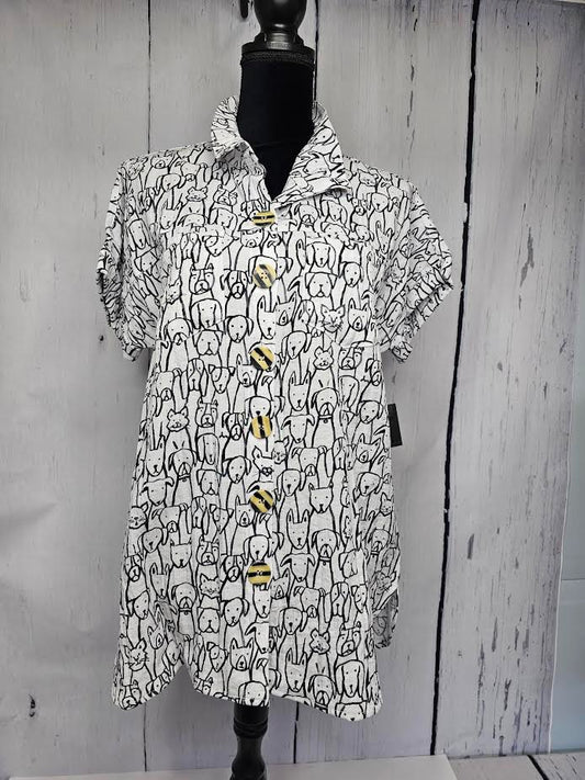 Shirt-Button - Wire Collar - FrontShort Sleeve-White/Black Dog Print-Women's - J54127bm- 