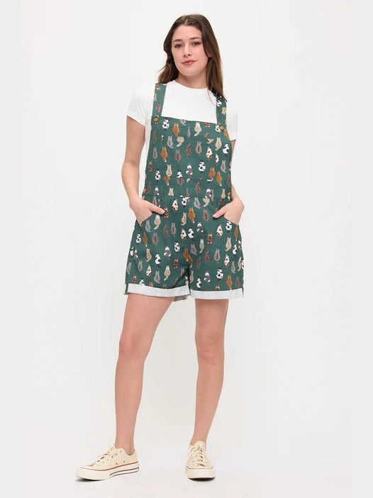 SM-Shortalls&nbsp; Green Whimsical Cat Tails&nbsp; Print&nbsp; Women's SM2657
