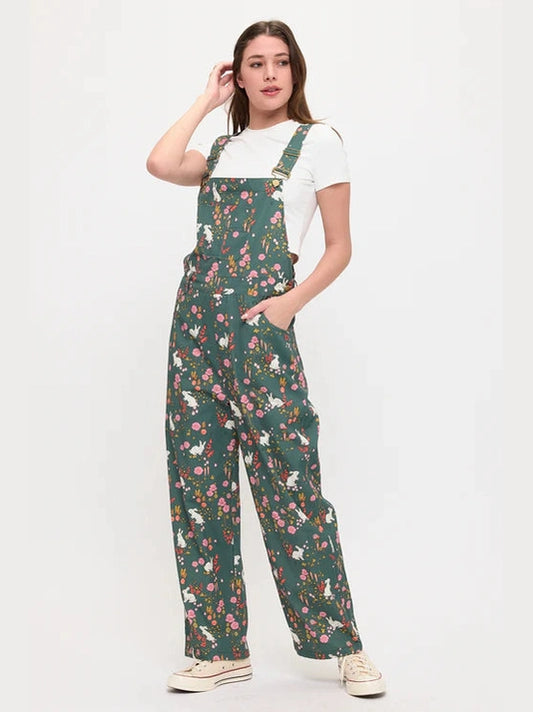 Overalls Green Floral Bunny Print  Women's SM26014