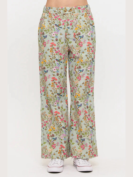 Pants Wide Leg Green Hummingbird Print&nbsp; Women's SM26091