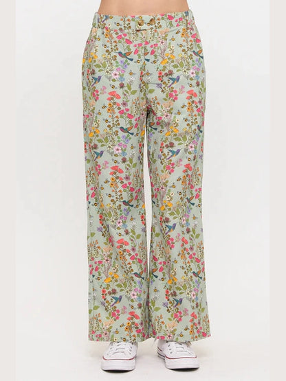Pants Wide Leg Green Hummingbird Print&nbsp; Women's SM26091
