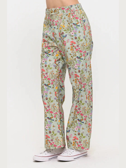 Pants Wide Leg Green Hummingbird Print&nbsp; Women's SM26091