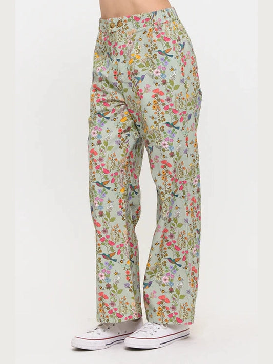 Pants Wide Leg Green Hummingbird Print&nbsp; Women's SM26091