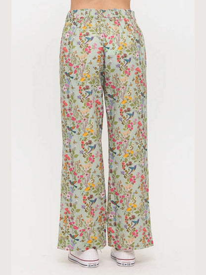 Pants Wide Leg Green Hummingbird Print&nbsp; Women's SM26091