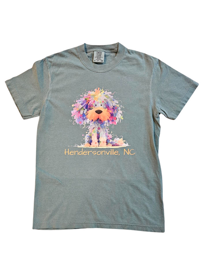 Tee Shirt Frizy Hair Dog Multi Color Comfort Colors Brand Hendersonville logo