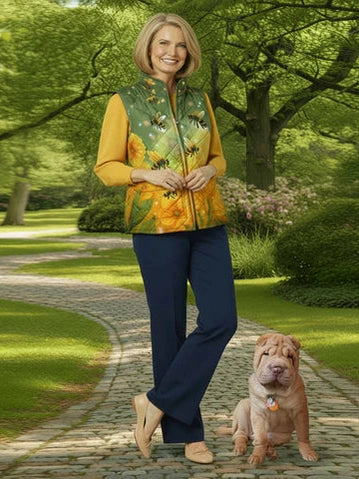 Quilted Vest Reversible Bee Print /Yellow Zipper Front 4 Pocket 51191-203