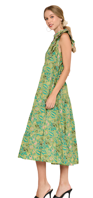 Dress Floral Garden Sage Mix Print Tiered Maxi Dress C4373 