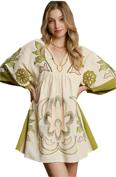 Dress Mustard Green Embroidered Pin Tuck Wide Sleeve V-Neck C4383 