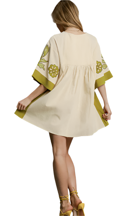 Dress Mustard Green Embroidered Pin Tuck Wide Sleeve V-Neck C4383 