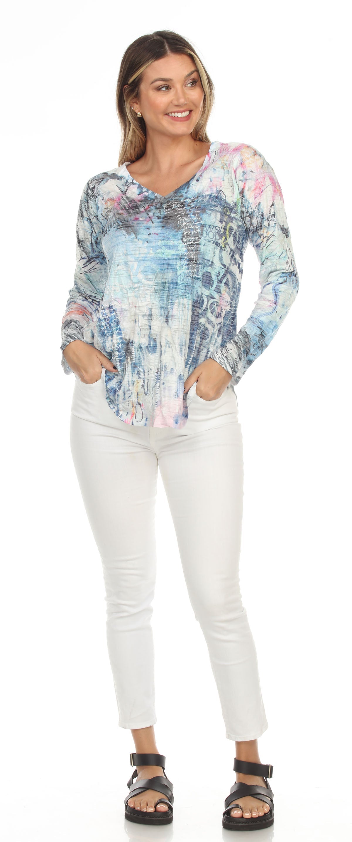 Women's Long Sleeve White/ Blue Multicolored V-Neck Top 