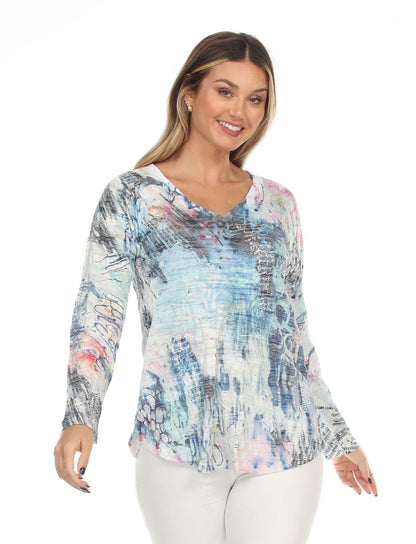 Women's Long Sleeve White/ Blue Multicolored V-Neck Top 