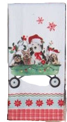 Decorative towel with Christmas-themed design featuring dogs in a wagon.