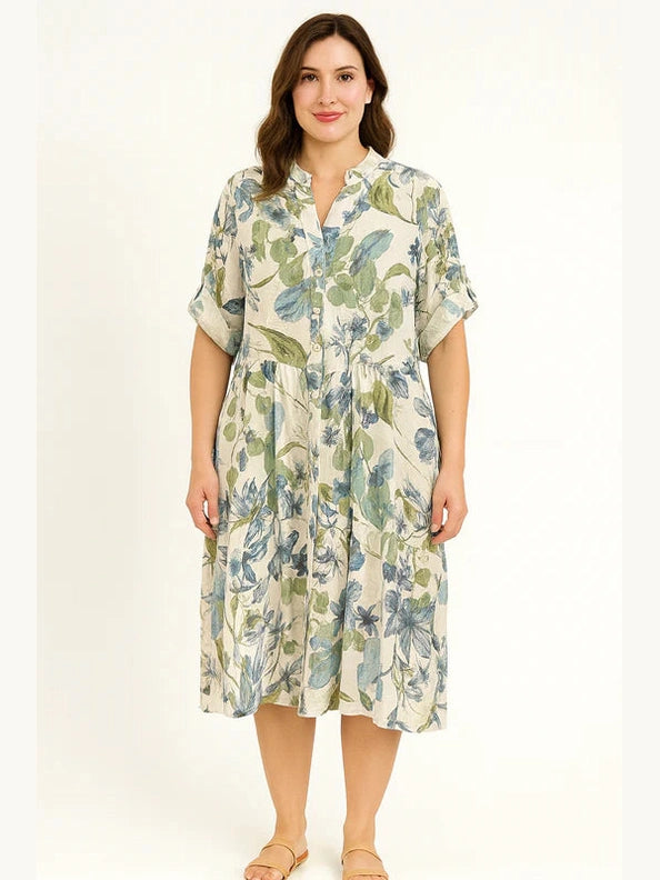 Dress Button Down Front Linen White Floral  1/4 Sleeve Women's One Size 14266