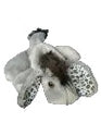 A small plush toy or stuffed animal with a gray body, black and white spotted ears, and a dark fluffy tail, photographed on a light gray background.