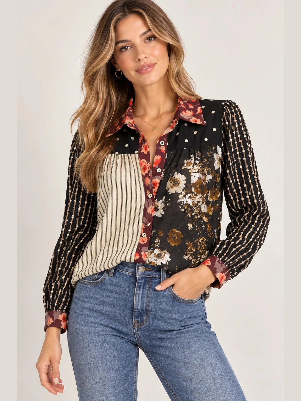 Top Button Front Black/Brown Floral Long Sleeve Women's FTM3471-1