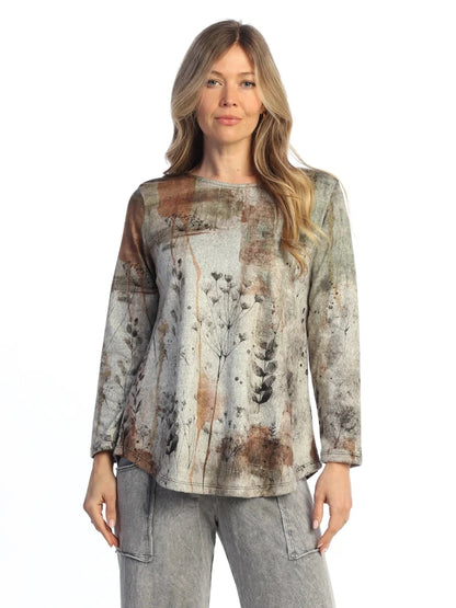 FB10-2137 Day Dreams Grey/Brown Tunic&nbsp; Long Sleeve Side Slit&nbsp; Women's