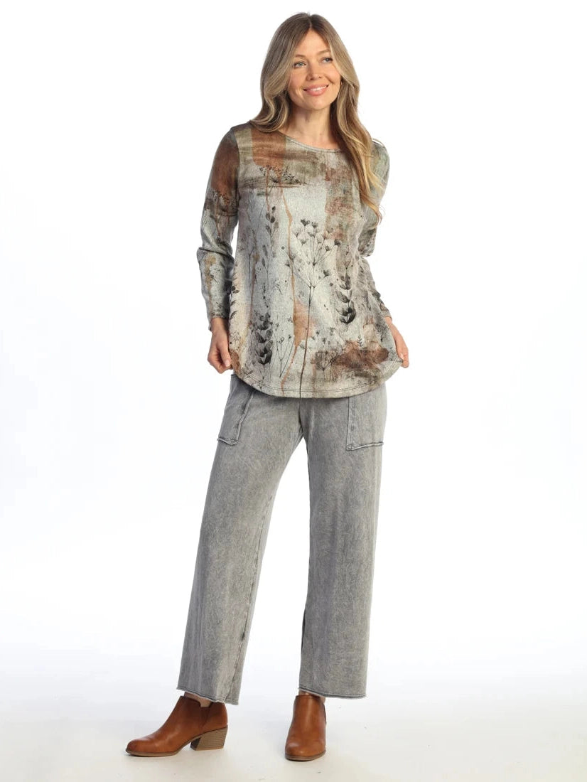 FB10-2137 Day Dreams Grey/Brown Tunic&nbsp; Long Sleeve Side Slit&nbsp; Women's