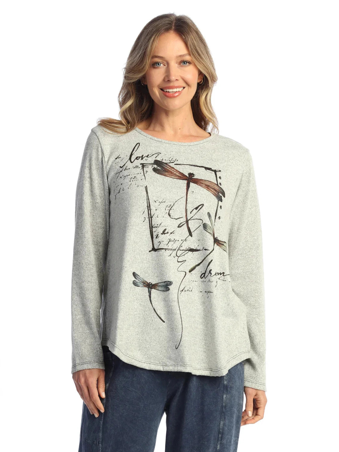 FB10-2146 Tunic  Flutter Dragon Fly Grey  Long Sleeve Side Slit  Women's