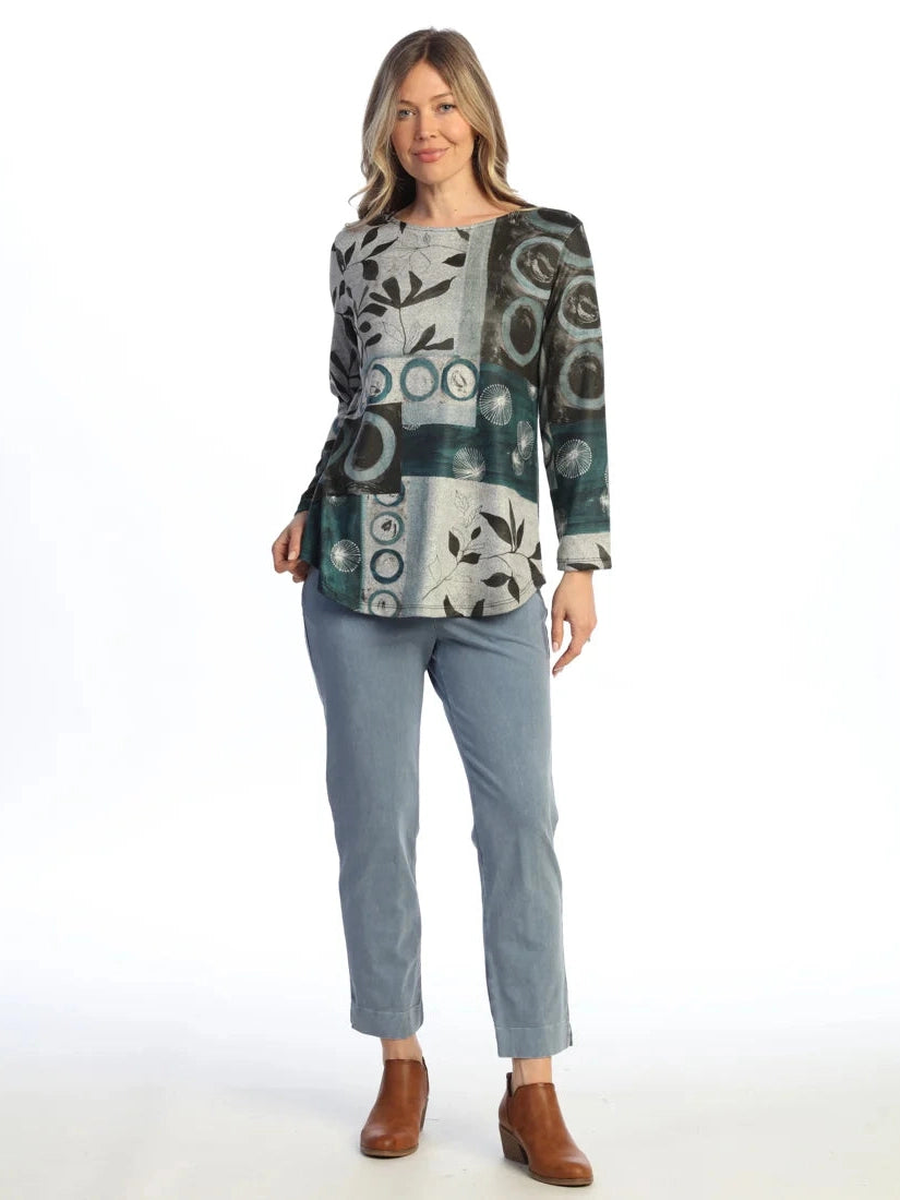 FB10-2268 Nora Tunic Multi Grey Abstract Long Sleeve Side Slit&nbsp; Women's