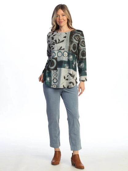 FB10-2268 Nora Tunic Multi Grey Abstract Long Sleeve Side Slit&nbsp; Women's