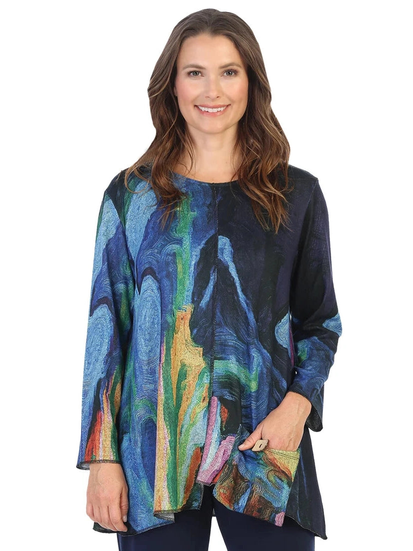 FB2-1449 Layla&nbsp; Multi Colored Blue Abstract Brush Tunic with Pocket Women's