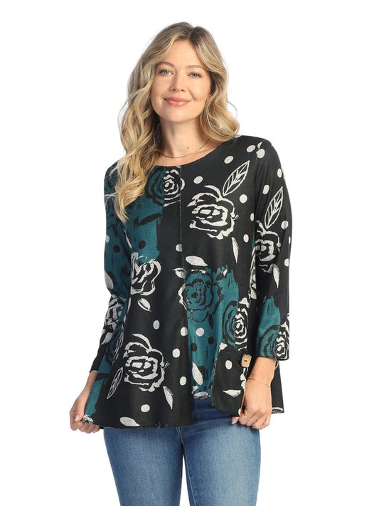 FB2-1964 Rosette Black/Green Floral Print Brush Tunic with Pocket Women's