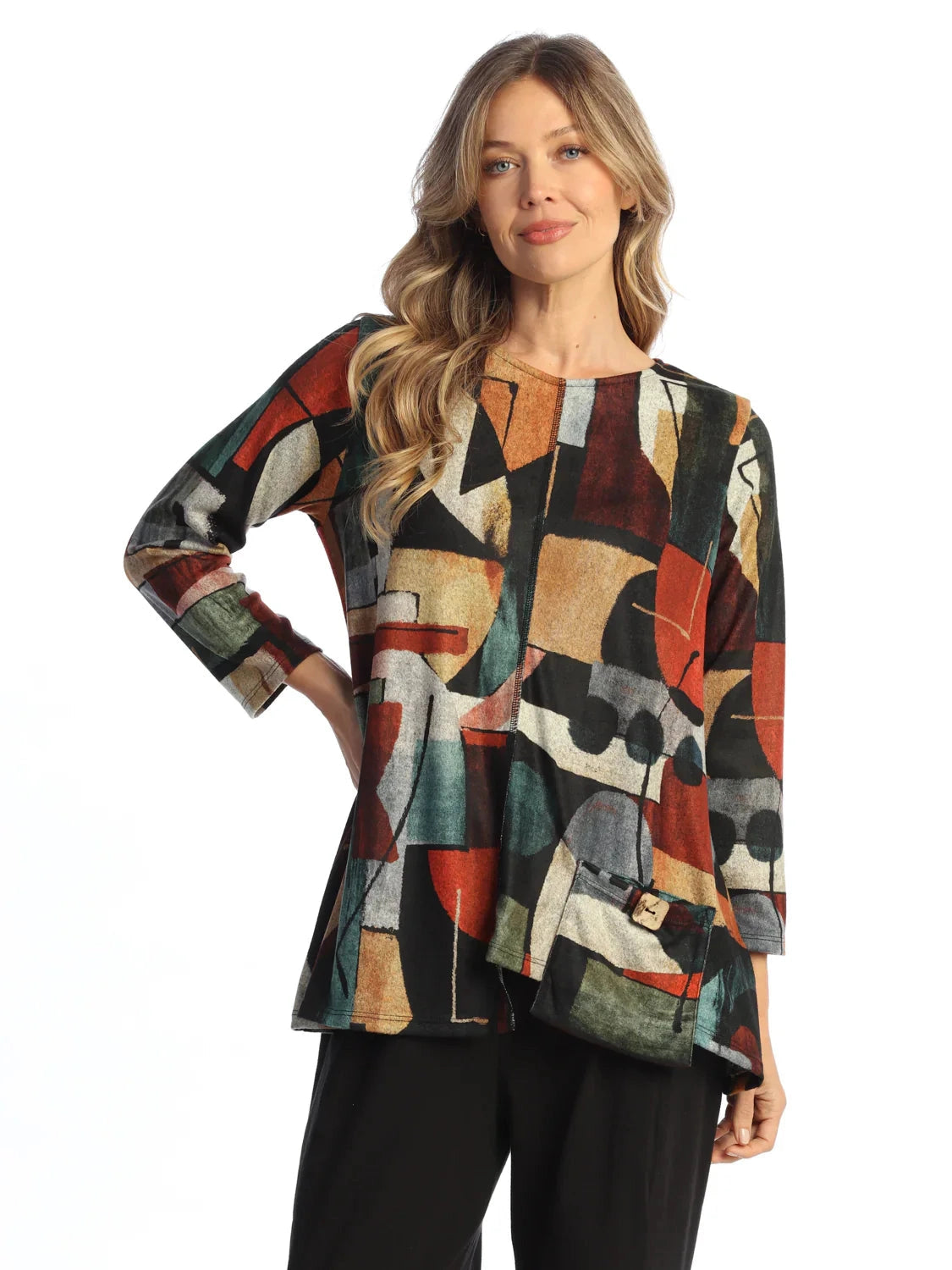 FB2-2138 Cubism Abstract Print Brush Tunic with Pocket Women's