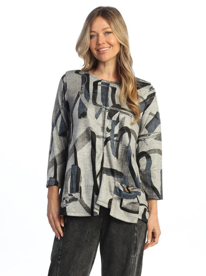 Jess &amp; Jane - FB2-2250 Ink Flow Grey Multi Colored Abstract French Brush Tunic with Pocket Women's