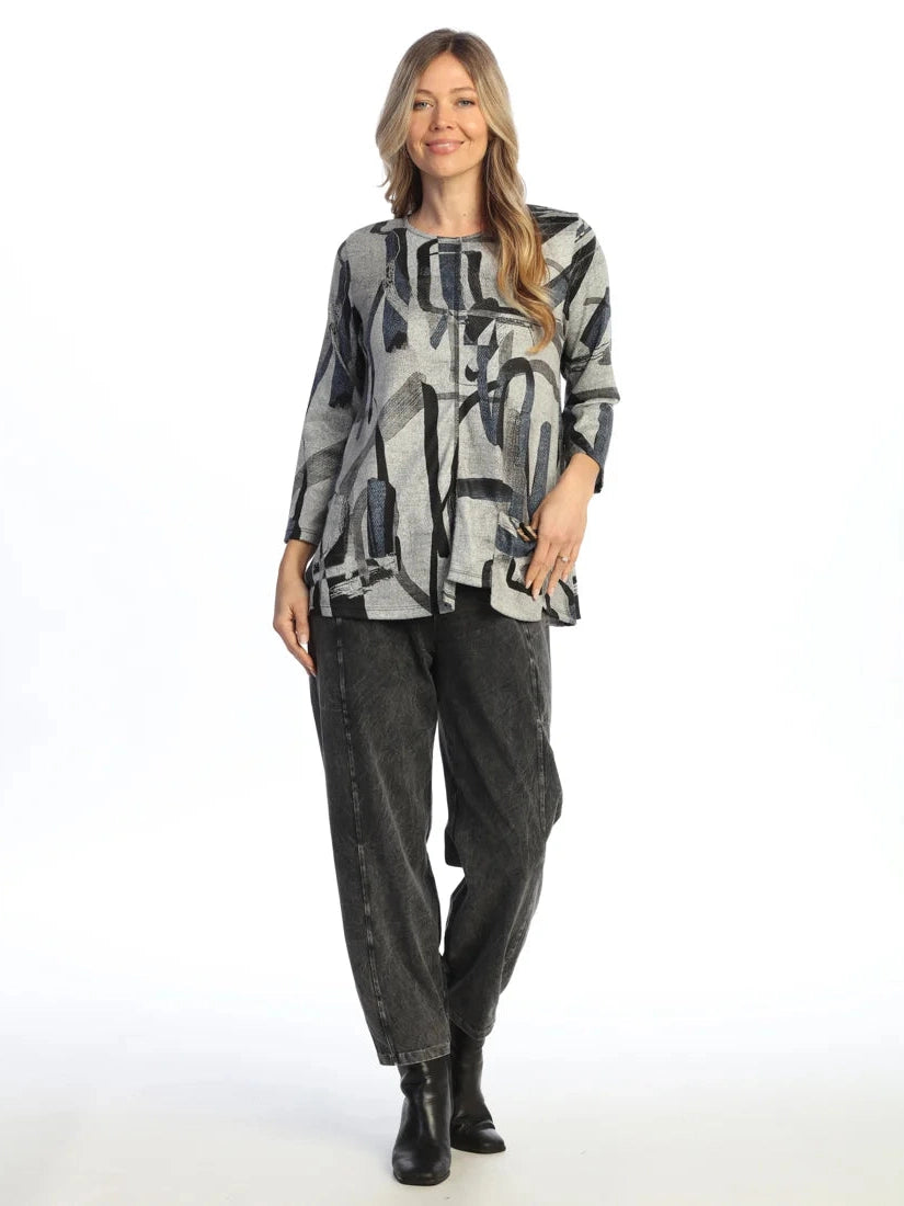 Jess &amp; Jane - FB2-2250 Ink Flow Grey Multi Colored Abstract French Brush Tunic with Pocket Women's