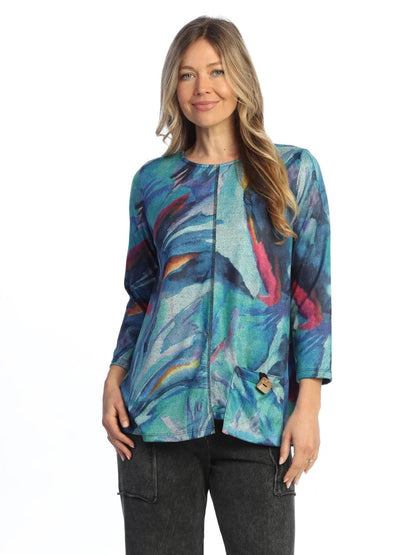 Jess &amp; Jane - FB2-2264 Crescendo Multi Colored Blue Abstract Brush Tunic with Pocket Women's