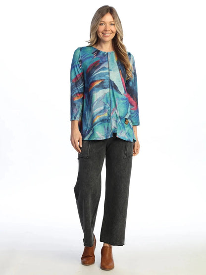 Jess &amp; Jane - FB2-2264 Crescendo Multi Colored Blue Abstract Brush Tunic with Pocket Women's