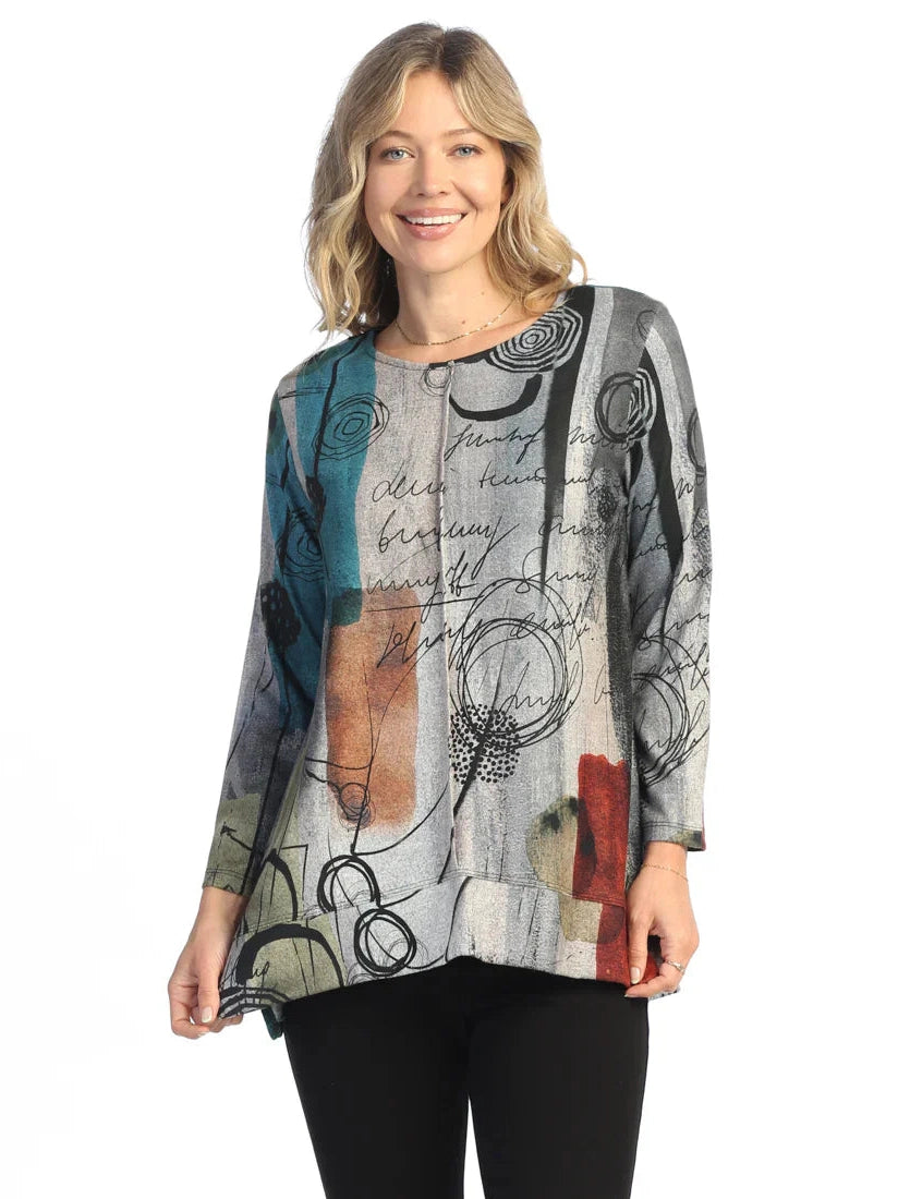 Fb8-1981 Sonnet Multi Color Abstract&nbsp;French Brushed Knit Side-Slit Top With Front Seam&nbsp;&nbsp;Women's Top