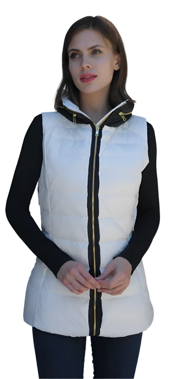 Vest Down Puffer With Hood And Side Zipper Vents Antique White Kara Women's 