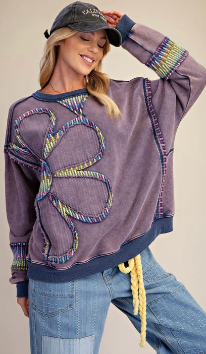 Easel-Top Pullover Terry Oversized Mineral Washed Blue Berry Women's&nbsp; ET72154BB