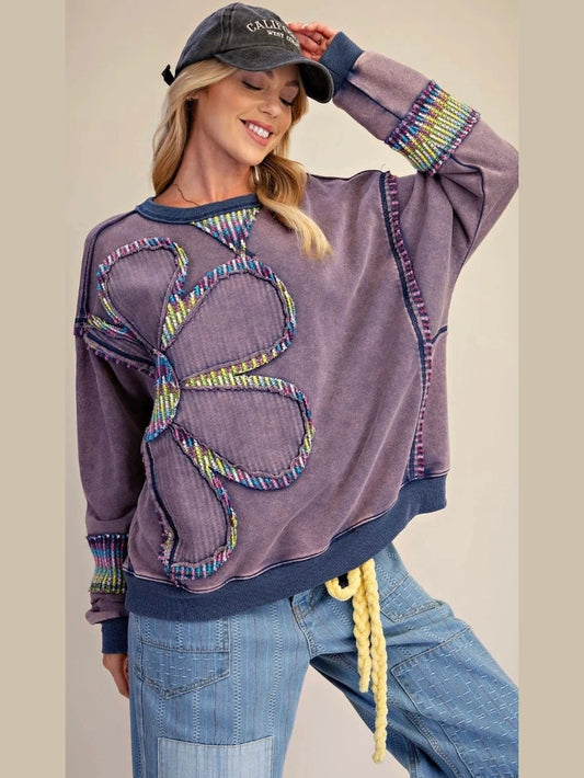 Easel-Top Pullover Terry Oversized Mineral Washed Blue Berry Women's&nbsp; ET72154BB