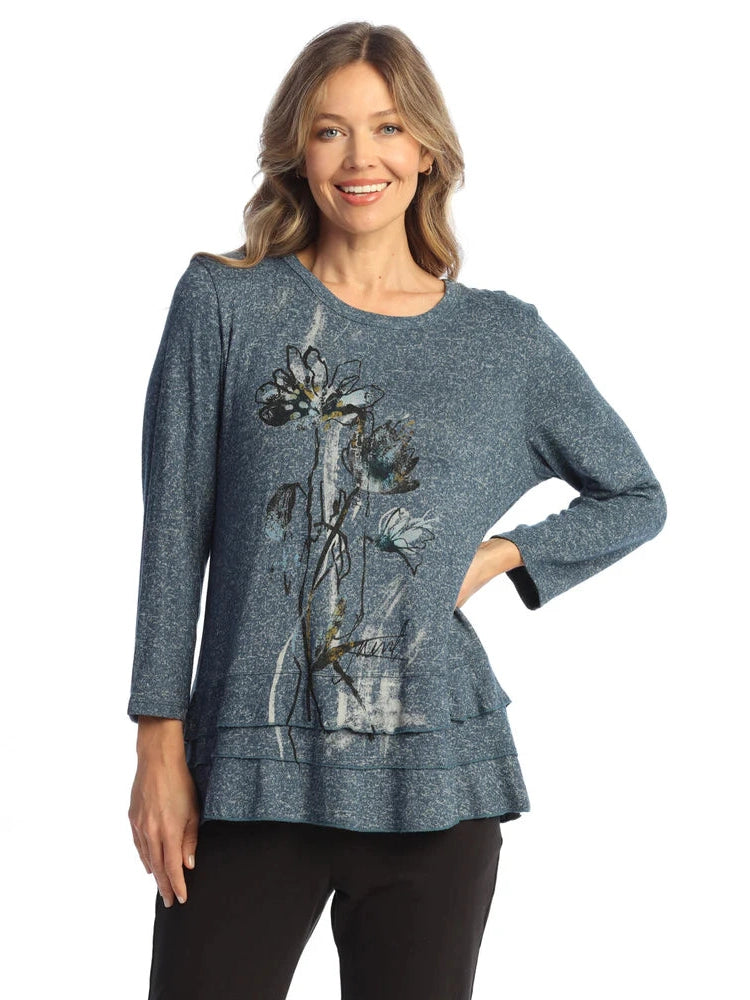  Gb4-2148 Lorena Blue Flower  Long Sleeve 1 Pocket  Women's Top