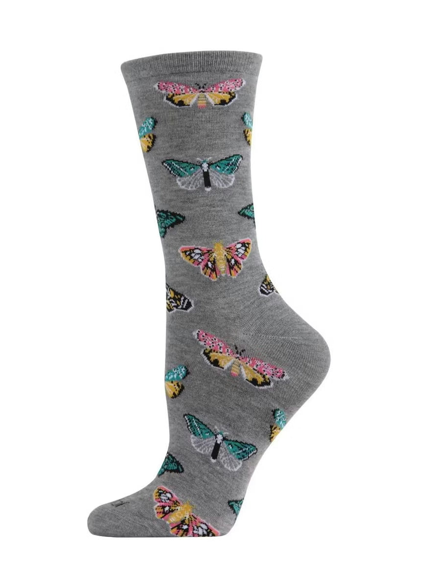 Women's Sock Med Grey Heather Butterfly&nbsp;Bamboo Crew 9-11&nbsp;Mcv05979