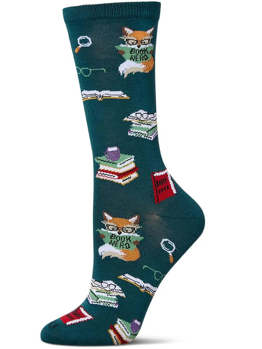 Women's Sock Dark Spruce Book Nerd Bamboo Crew 9-11&nbsp;Mcv09796