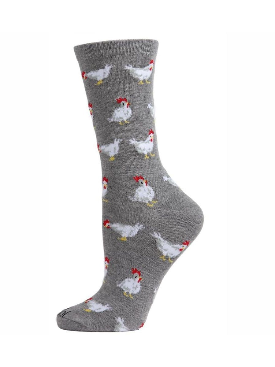 Women's Sock Med Grey Heather Chickens Bamboo Crew 9-11 Mcv05727