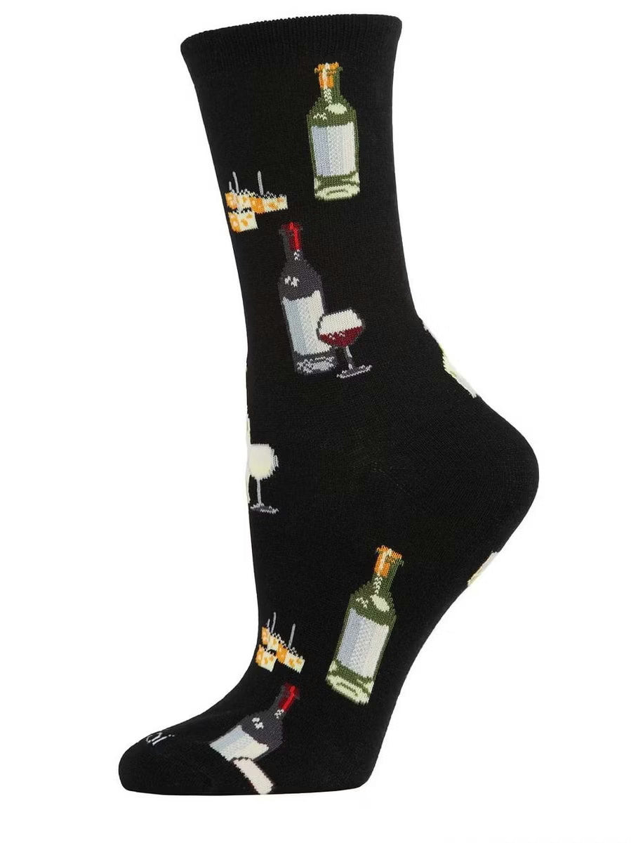  Women's Sock Black Wine &amp; Cheese&nbsp;Bamboo Crew 9-11&nbsp;Mcv06084