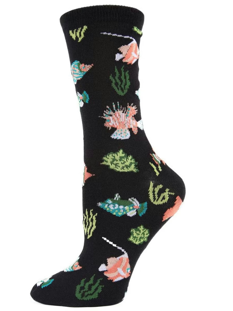 Women's Sock Black&nbsp; Tropical Fish&nbsp;Bamboo Crew 9-11&nbsp;Mcv07822