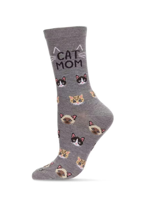 Women's Sock Med Grey Heather Cat Mom&nbsp;Bamboo Crew 9-11&nbsp;Mcv07390